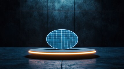 Poster - clean energy solar startup concept. Futuristic oval hologram on a glowing pedestal in a dark, tech-inspired environment.
