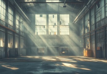 Poster - Bright Sunlight Beams Streaming Through Large Windows in Abandoned Industrial Warehouse Creating Atmospheric Mood and Sense of Isolation