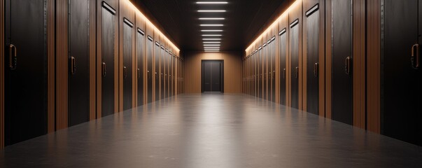 Poster - clean energy solar startup concept. Modern corridor in a data center with sleek storage units and ambient lighting.