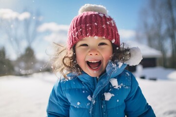 Wall Mural - Young girl wearing pink woolen hat and blue winter coat laughing and having fun on snowy winter day