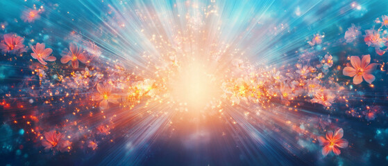 Poster - Vibrant holographic light beams and floral patterns create a captivating backdrop