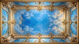 A heavenly ceiling mural with a blue sky and intricate baroque frame details , Heavenly, Mural,  Heavenly, Mural