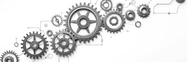 Poster - Abstract interconnected gears and digital paths symbolizing transformation on white background, network, innovation