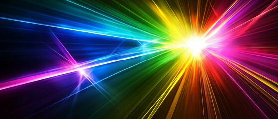Poster - Rainbow colored light beams intersect with vibrant geometric shapes in an abstract design