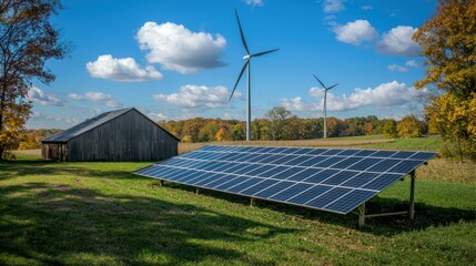 a solar panel array and wind turbines side by side, representing various alternative energy sources.