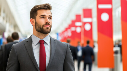 professional man suit stands confidently modern airport terminal, surrounded by large banners