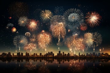 Poster - Vibrant fireworks illuminating the night sky above a cityscape reflected in the water