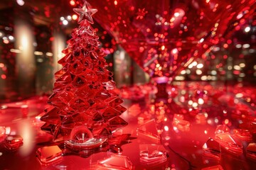 Poster - Red crystal christmas tree with a star on top, shining bright on a festive red background with bokeh effect