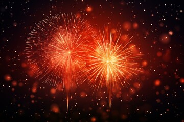 Poster - red fireworks exploding against dark night sky with bokeh effect