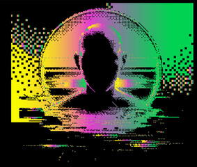 Aufkleber - Pixel silhouette of a man with his face in shadow. Abstract futuristic vector illustration with glitch art elements in neon holographic colors.