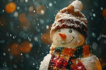 Poster - Smiling snowman wearing a hat and scarf under the falling snow with christmas lights in the background