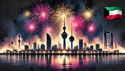 Wall Mural - Kuwait national day poster design with city skyline silhouette and fireworks.