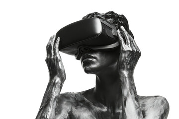 Poster - A figure wearing a virtual reality headset, showcasing innovative technology and immersive experiences in a striking visual style.