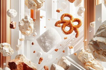 Wall Mural - Dynamic Floating Pretzel Explosion Modern Art Studio Digital Artwork Creative Environment Abstract Viewpoint Playful Concept