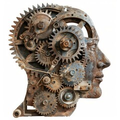 Poster - Rusty gears and cogs forming a human head profile on white background, symbolizing thoughts, creativity, and intelligence