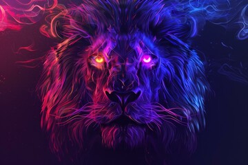 Poster - colorful portrait of a majestic lion with glowing eyes, surrounded by smoke and light