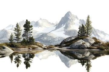 Poster - Breathtaking mountain scenery reflected in a tranquil lake, surrounded by lush trees and rocky terrain, perfect for nature enthusiasts and photographers.