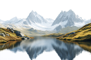 Poster - Breathtaking view of snow-capped mountains reflected in a serene lake, surrounded by lush greenery and stunning natural beauty.