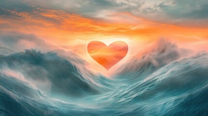 Poster - Heart Shaped Sunset Over Ocean Waves Abstract Art Peaceful Serenity