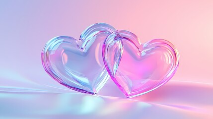 Poster - Two iridescent glass hearts rest gently on a soft pink and purple background  A romantic and dreamy scene