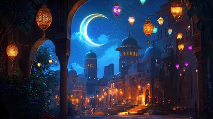 Poster - Enchanting Night Scene in a Magical Arabian City Under a Crescent Moon