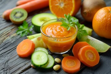 Wall Mural - Glass of blended carrot, orange and cucumber juice surrounded by fresh ingredients on rustic wooden surface promotes healthy eating