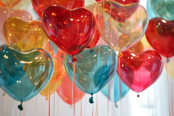 Poster - many colorful heart shaped balloons hanging together create a festive atmosphere