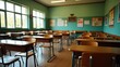 © Napiesanusi - A serene, vintage classroom with rows of wooden desks and a chalkboard