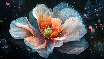 Poster - A celestial flower blossoms amidst a cosmic dance of light and sparkling orbs