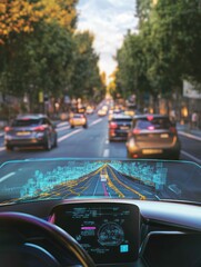 Poster - Futuristic Car Navigation System Displaying Route and City Grid On Windshield