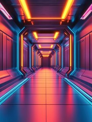 Poster - Futuristic Neon Lit Corridor with Reflective Floor and Geometric Patterns