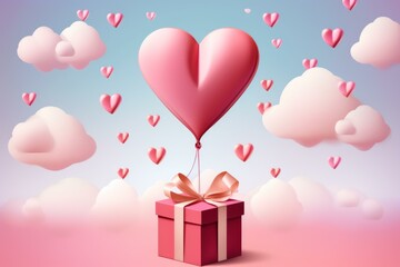 Poster - Pink heart shaped balloon lifting gift box with ribbon surrounded by clouds and little hearts, creating romantic atmosphere
