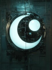 Poster - Futuristic Celestial Emblem with Glowing Moon and Orb on Metallic Panel Texture