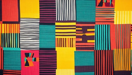 Poster - Colorful geometric patterns and stripes on a textured background creating a vibrant quilt design