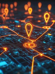 Poster - Networked Locations with Glowing Map Markers and Connection Lines, digital future concept