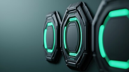 Poster - clean energy solar strategy concept. Futuristic black panels with glowing green edges on a sleek surface.