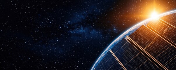 Poster - clean energy solar strategy concept. Stunning view of Earth from space with a glowing sunrise and starry background.