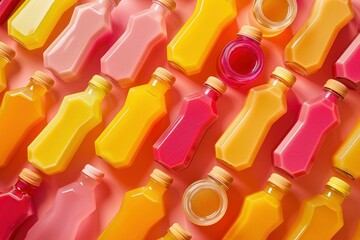 Poster - vibrant arrangement of smoothie and juice bottles creating a colorful and healthy pattern