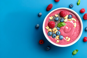 Wall Mural - A colorful smoothie bowl topped with raspberries, blueberries, cashews, and chia seeds on a vibrant blue background.