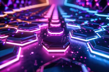 Poster - Glowing neon hexagons form a vibrant pathway, leading into a futuristic digital landscape
