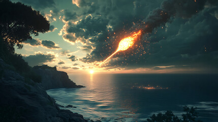 1. a glowing meteor crashing into a serene ocean, creating an immense, radiant splash.