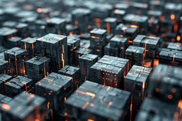 Poster - glowing lines connect metallic cubes, creating a futuristic cityscape in a complex network