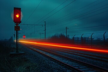 Poster - light trails from a passing train illuminate the railway at dusk, with a red signal in the foregroun