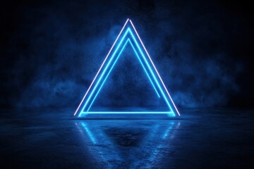 Wall Mural - Glowing neon triangle frame in smoky dark room.