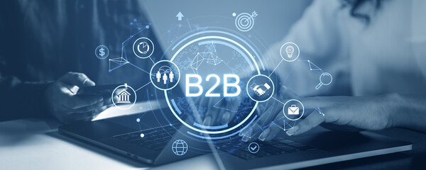 Poster - b2b network concept with digital icons and laptop on blue background.