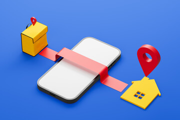 Poster - Smartphone with delivery box, location pin, and house illustration on blue background. 3D Rendering