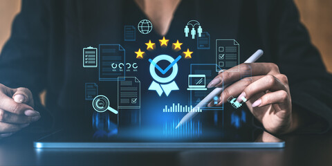 Poster - Customer feedback survey concept with five-star rating, digital review icons, and person analyzing quality service data on a tablet.