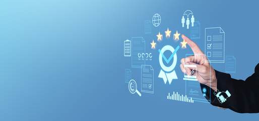 Poster - Hand interacting with virtual five-star rating and quality icons on a blue background.