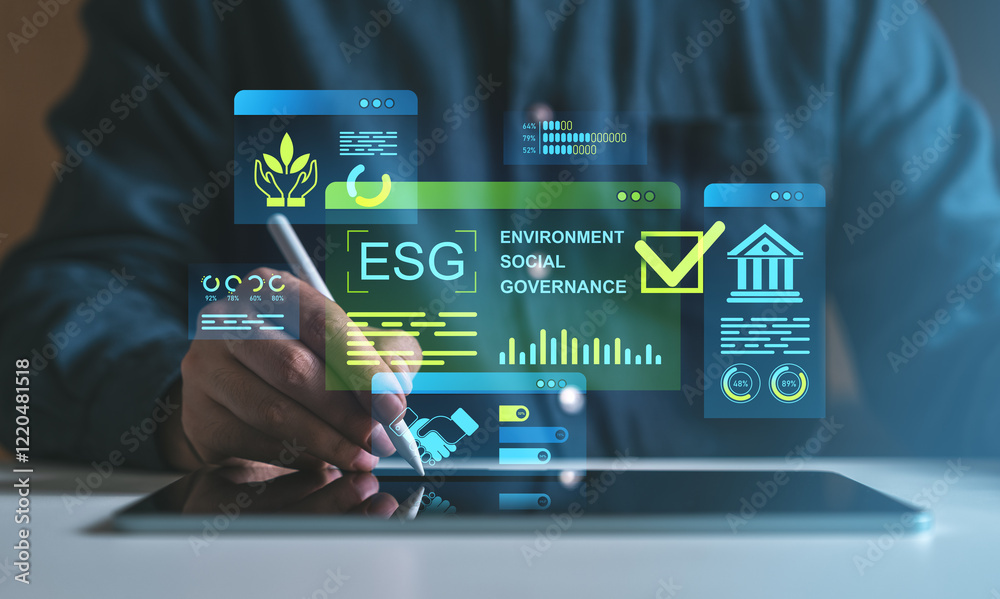 ESG investment strategy concept with holographic interface on tablet ...