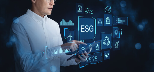 Poster - Businessman analyzing ESG digital hologram interface with sustai